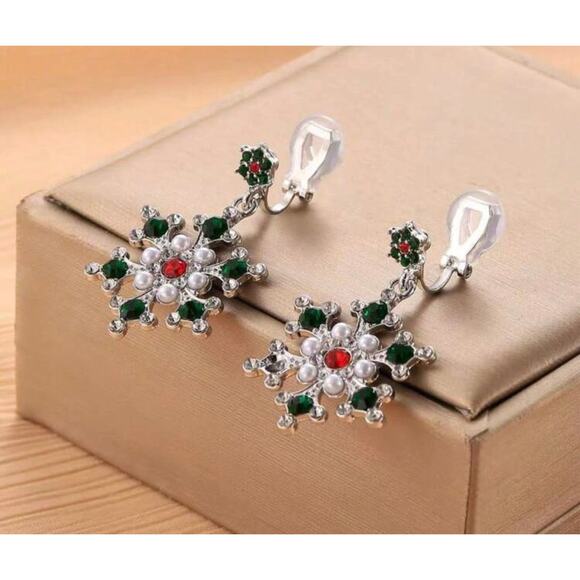 Clip on 1" silver, red, green stone and pearl dangle snowflake earrings - Picture 3 of 4